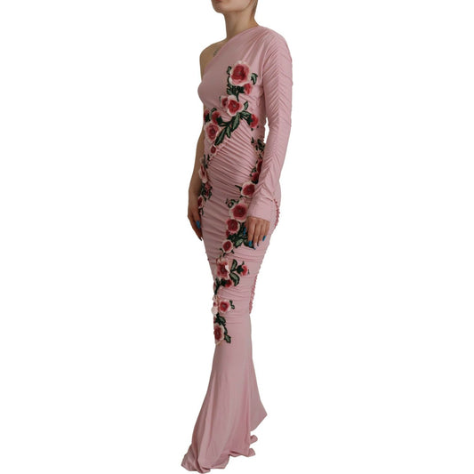 Dolce & Gabbana Elegant Pink One Shoulder Bodycon Dress pink-flower-embellished-one-shoulder-dress IMG_4829-scaled-879188a6-6e9.jpg