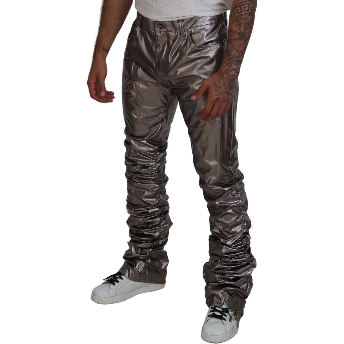 Dolce & Gabbana Metallic Silver Casual Pants silver-metallic-nylon-stretch-pants IMG_4852-8596ee99-fd7.jpg