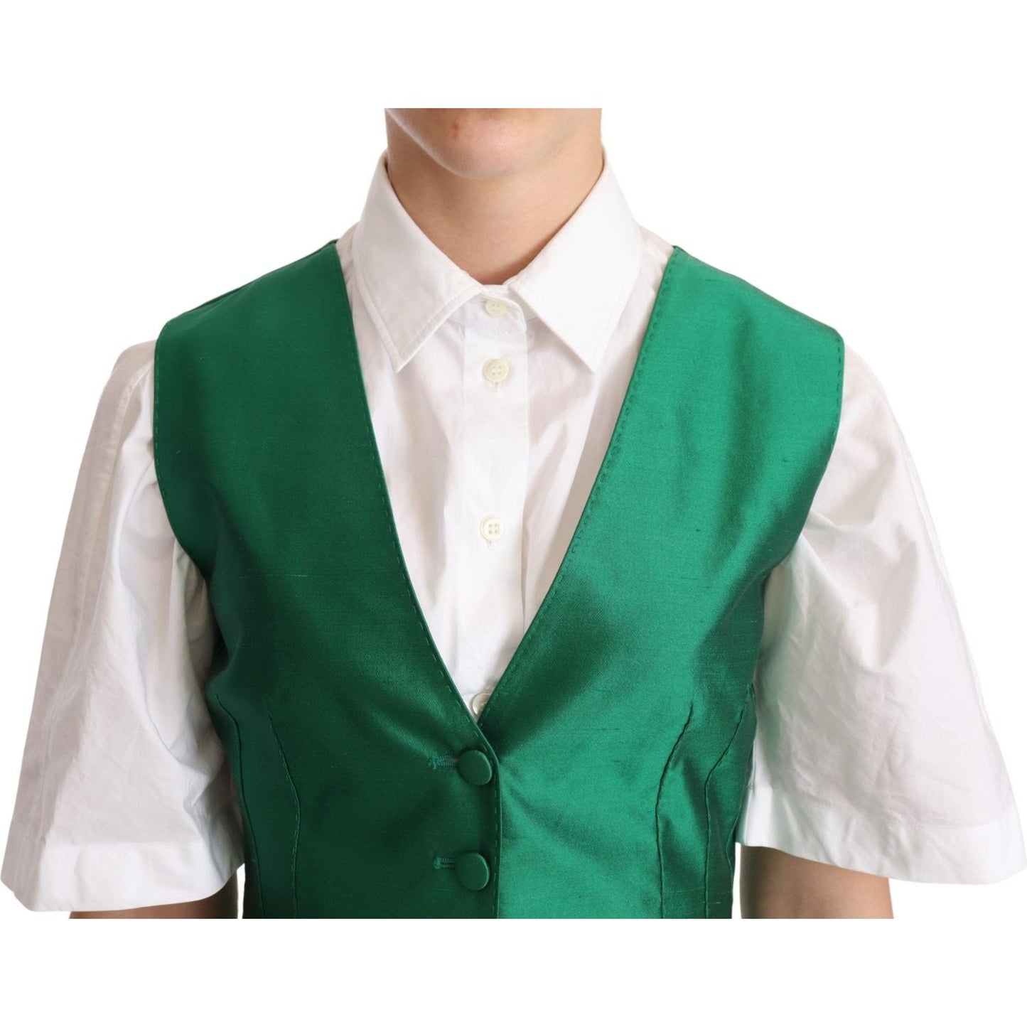 Dolce & Gabbana Elegant Green Silk Blend Waistcoat Vest Jacket green-silk-satin-sleeveless-waistcoat-vest