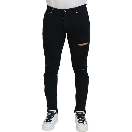 Dolce & Gabbana Svelte Black Tattered Slim Fit Denim black-slim-fit-tattered-denim-cotton-jeans IMG_4933-scaled-450040ab-298.jpg