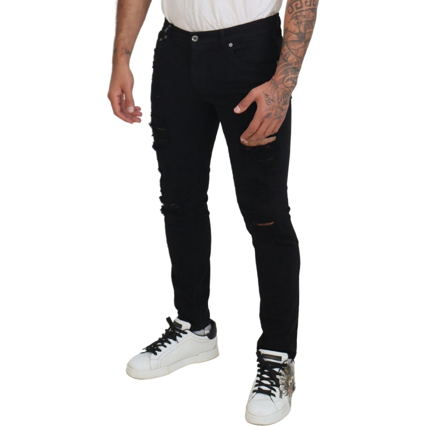 Dolce & Gabbana Svelte Black Tattered Slim Fit Denim black-slim-fit-tattered-denim-cotton-jeans
