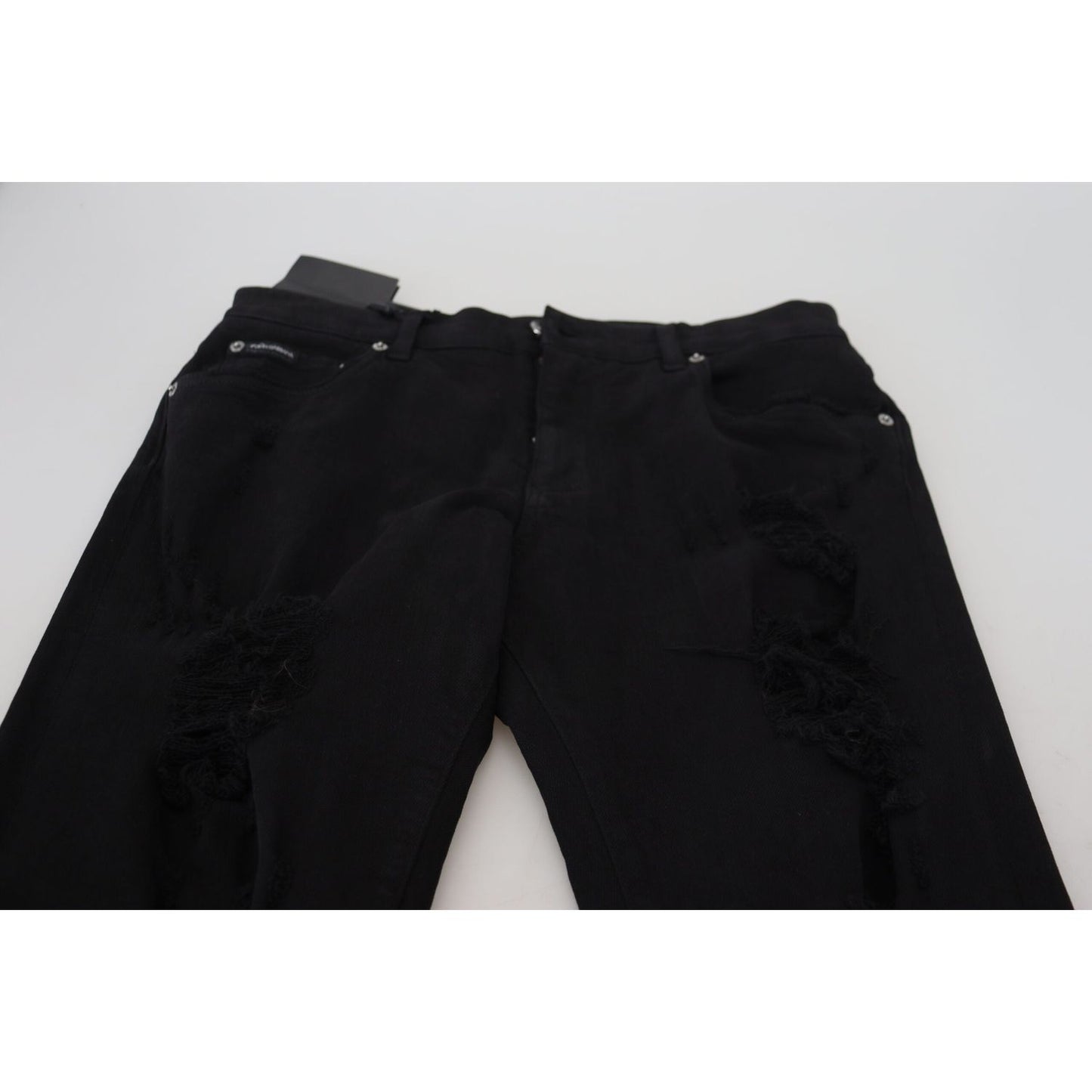 Dolce & Gabbana Svelte Black Tattered Slim Fit Denim black-slim-fit-tattered-denim-cotton-jeans IMG_4937-scaled-f2056885-1ca.jpg