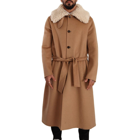 Dolce & Gabbana Opulent Beige Shearling-Collar Overcoat beige-camel-skin-cashmere-shearling-overcoat-jacket