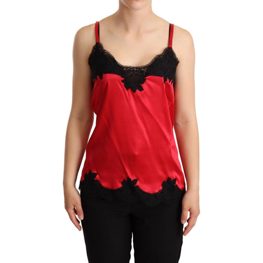 Dolce & Gabbana Enchanting Red Silk Blend Lace Camisole WOMAN T-SHIRTS red-floral-lace-trimmed-silk-satin-camisole-top