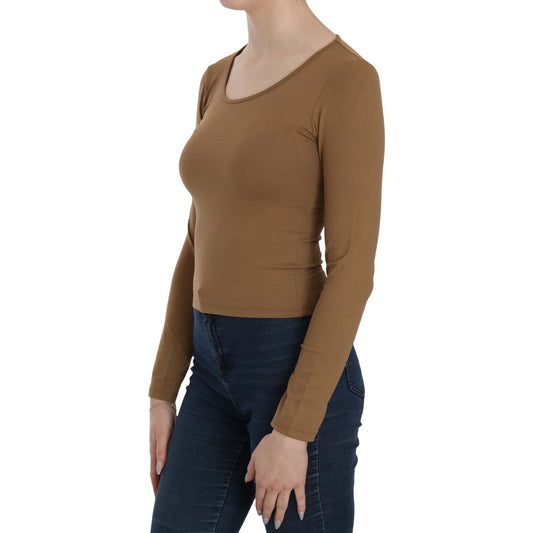 GF Ferre Elegant Brown Fitted Blouse for Sophisticated Evenings brown-long-round-neck-sleeve-fitted-shirt-tops-blouse