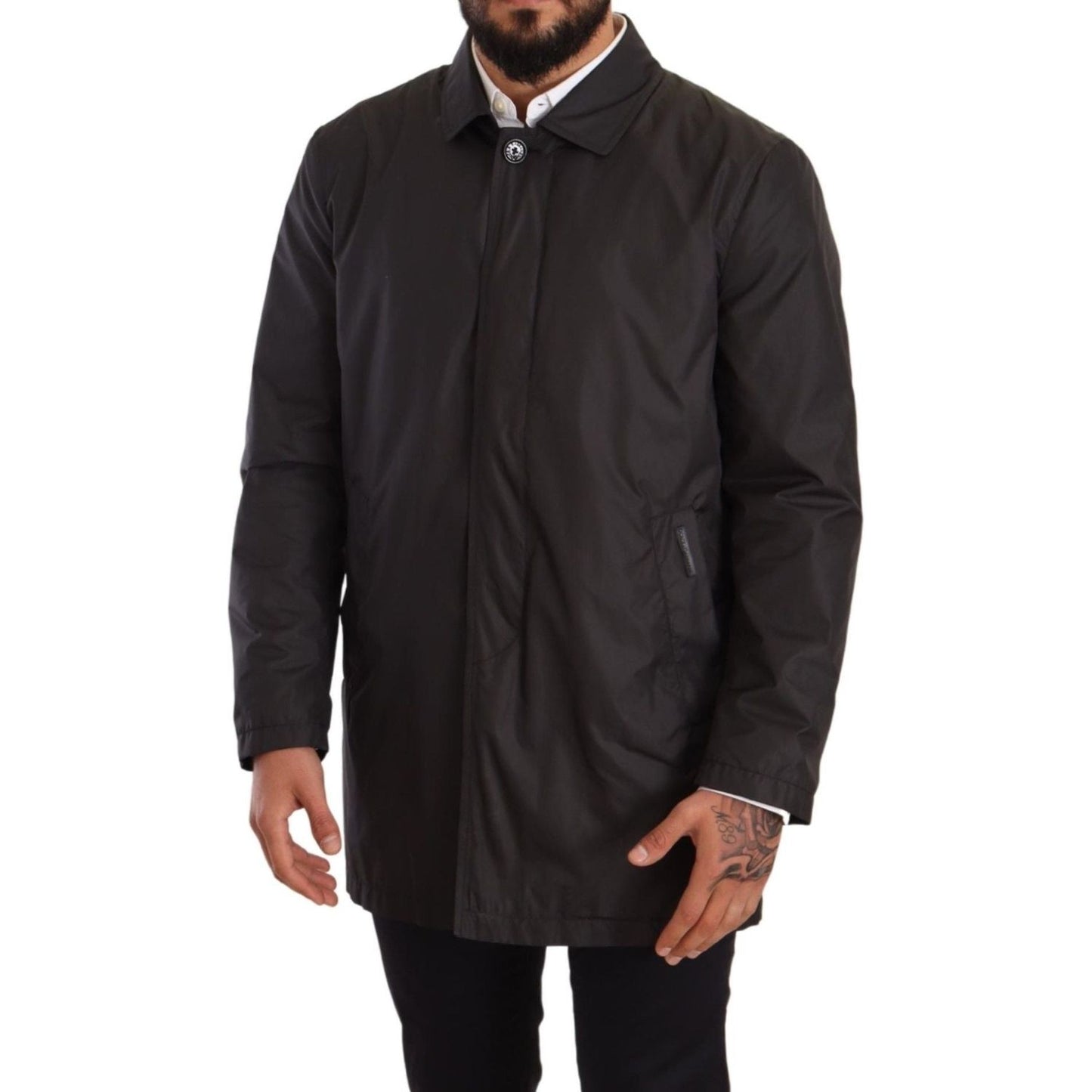 Dolce & Gabbana Elegant Black Trench Coat for Sophisticated Men black-polyester-mens-trench-coat-jacket