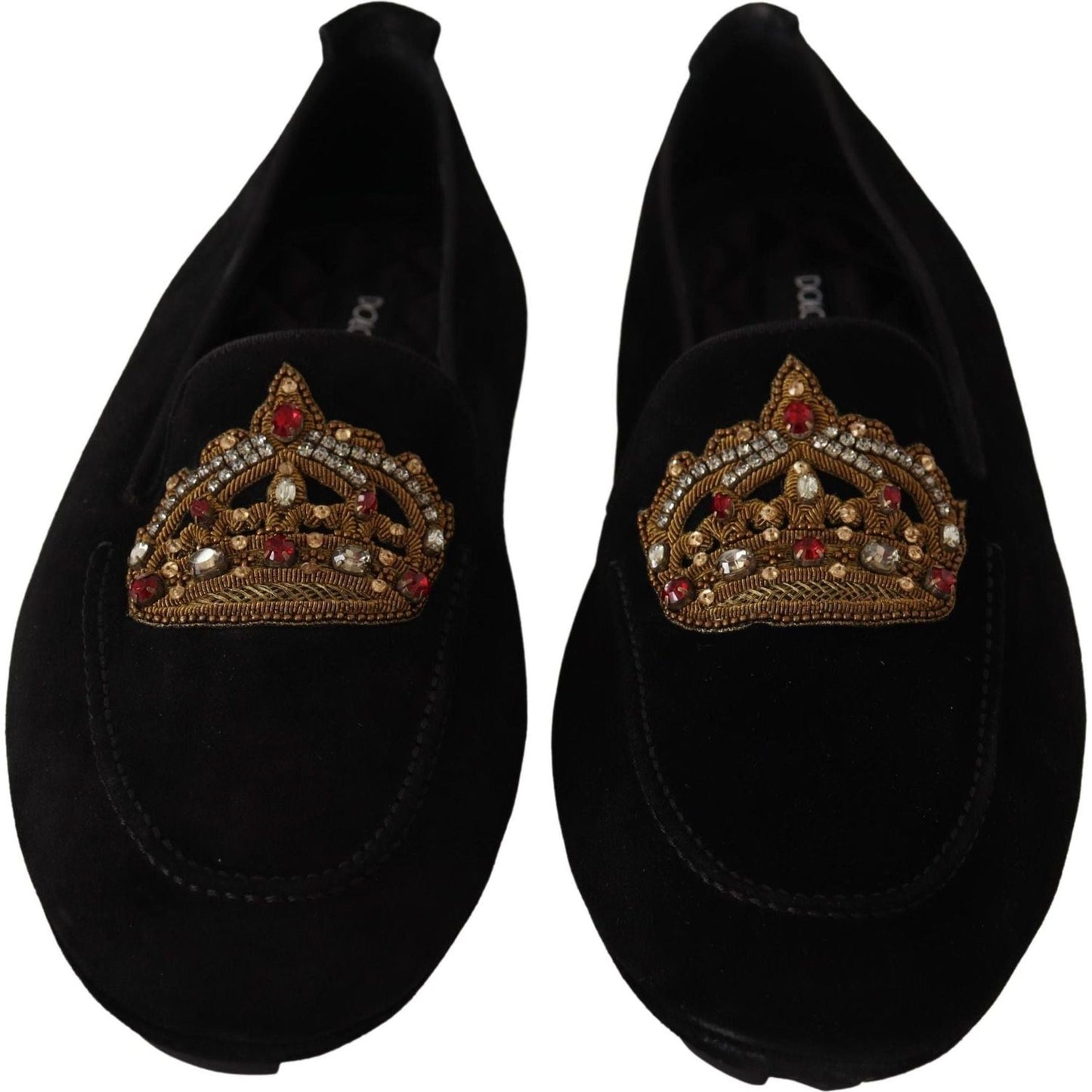 Dolce & Gabbana Elegant Black Leather Loafer Slides with Gold Embroidery black-leather-crystal-gold-crown-loafers-shoes IMG_5284-5591c34e-0c8.jpg