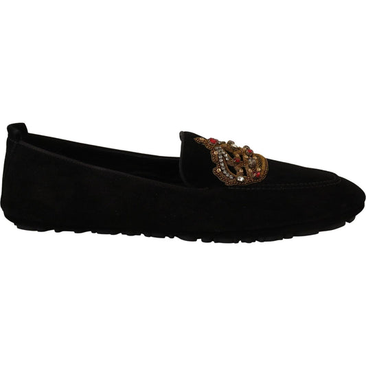 Dolce & Gabbana Elegant Black Leather Loafer Slides with Gold Embroidery black-leather-crystal-gold-crown-loafers-shoes