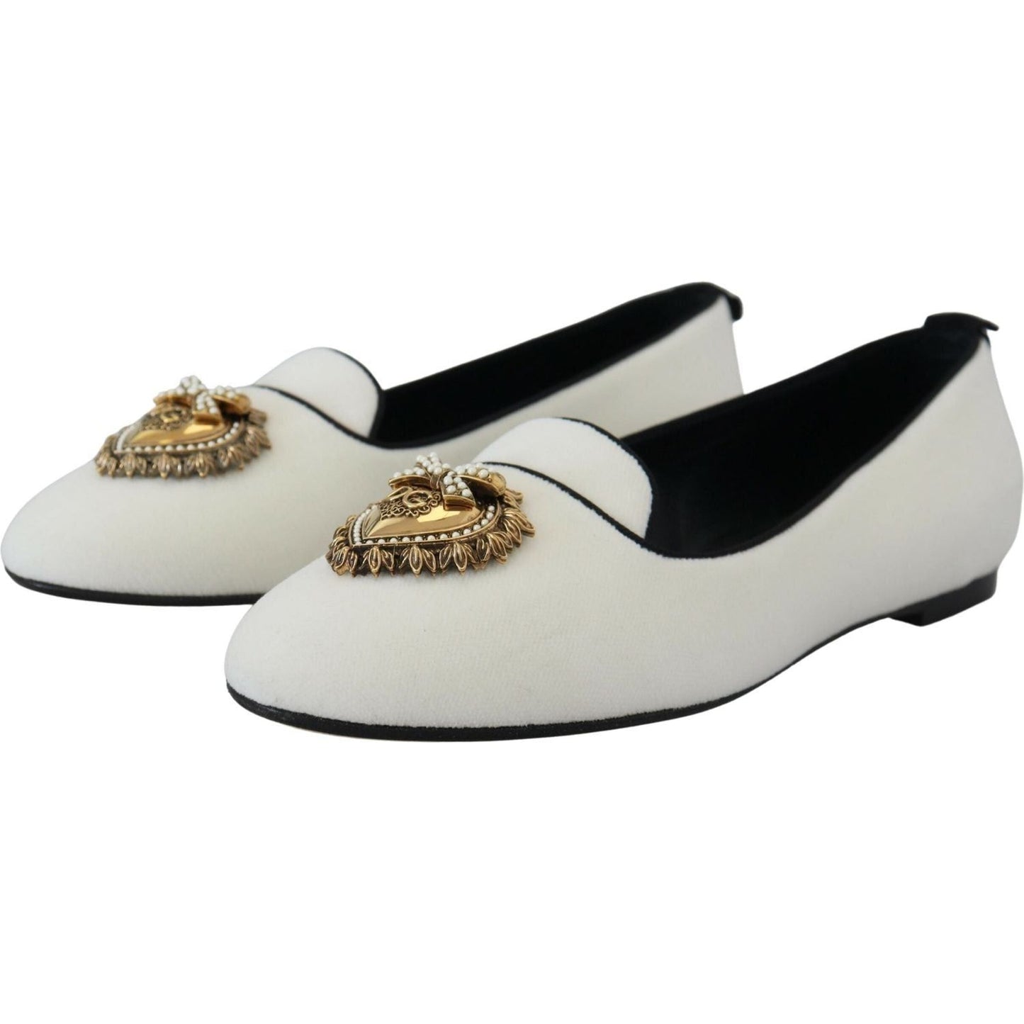 Dolce & Gabbana Elegant White Velvet Loafers with Gold Heart Detail white-velvet-slip-ons-loafers-flats-shoes