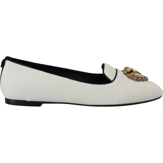 Dolce & Gabbana Elegant White Velvet Loafers with Gold Heart Detail white-velvet-slip-ons-loafers-flats-shoes