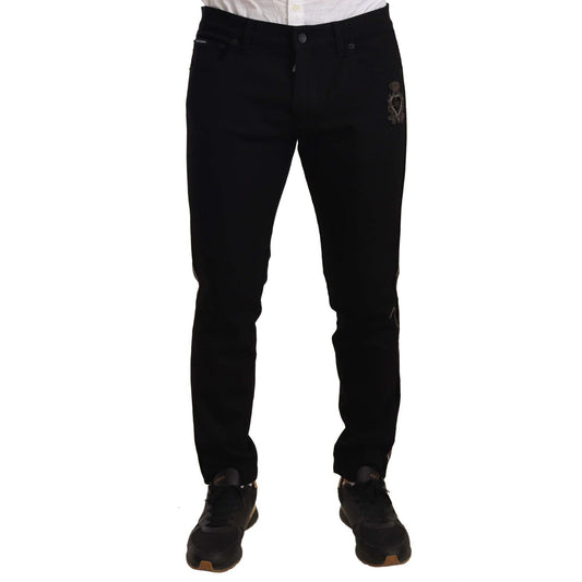 Dolce & Gabbana Heraldic Embroidered Slim Fit Black Jeans Jeans & Pants black-skinny-fit-denim-side-band-jeans-pant