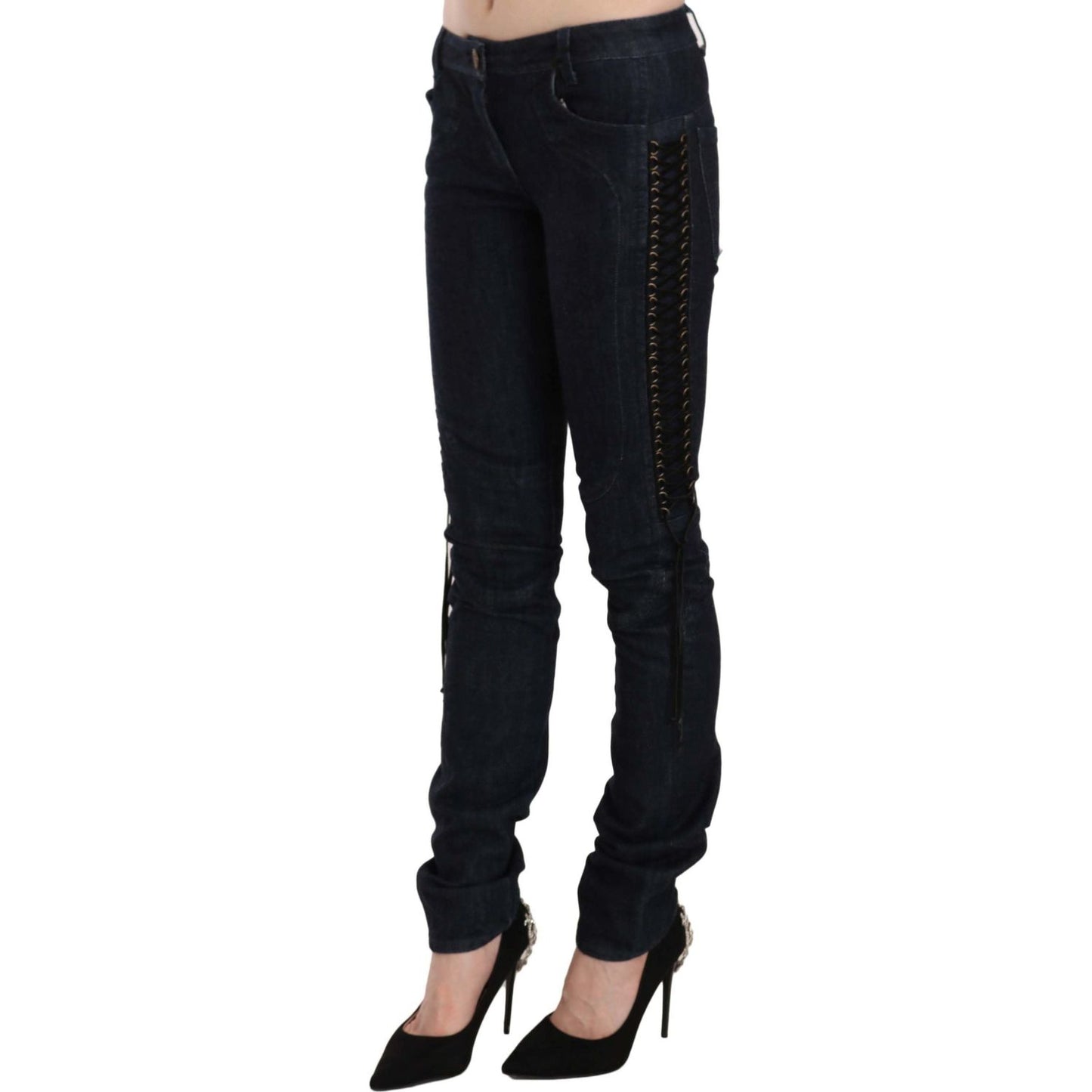 Just Cavalli Elegant Low Waist Skinny Trousers Jeans & Pants black-low-waist-skinny-trousers-braided-string-pants