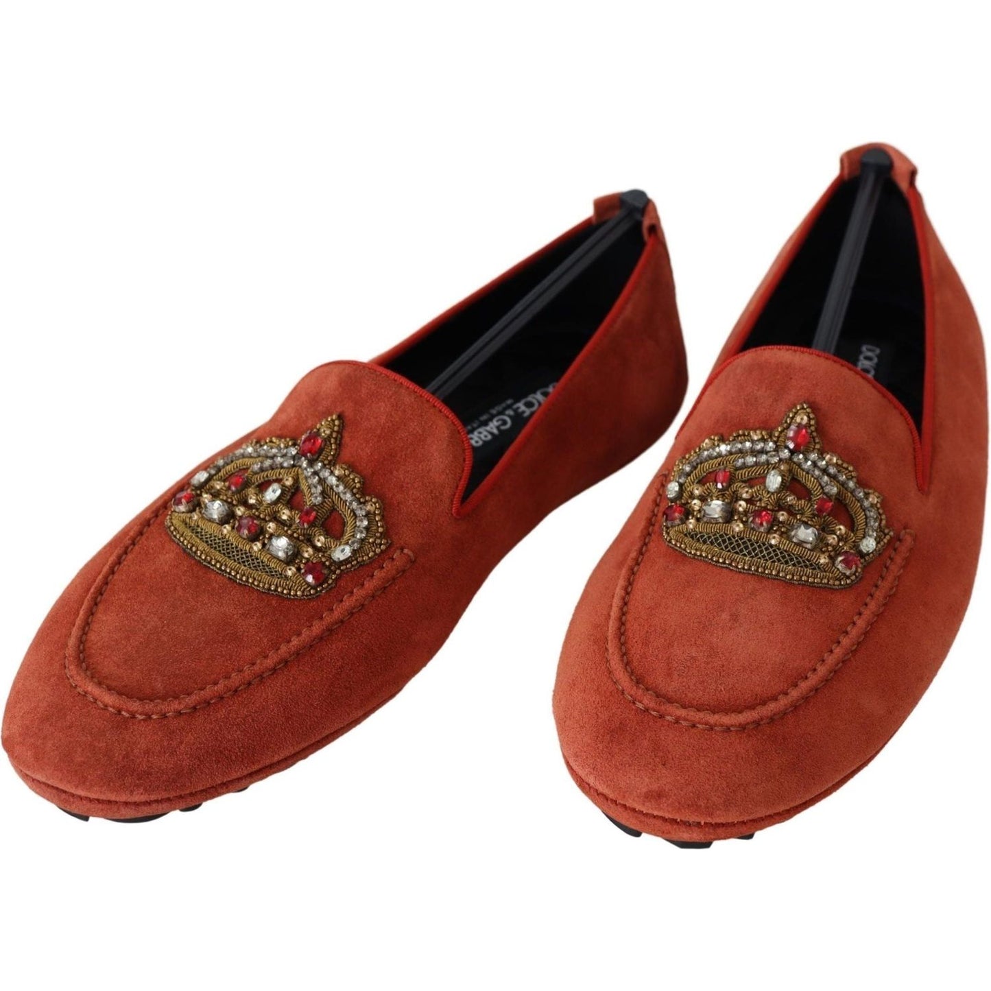 Dolce & Gabbana Opulent Orange Leather Loafers with Gold Embroidery orange-leather-crystal-crown-loafers-shoes IMG_5414-scaled-e7457db6-648.jpg