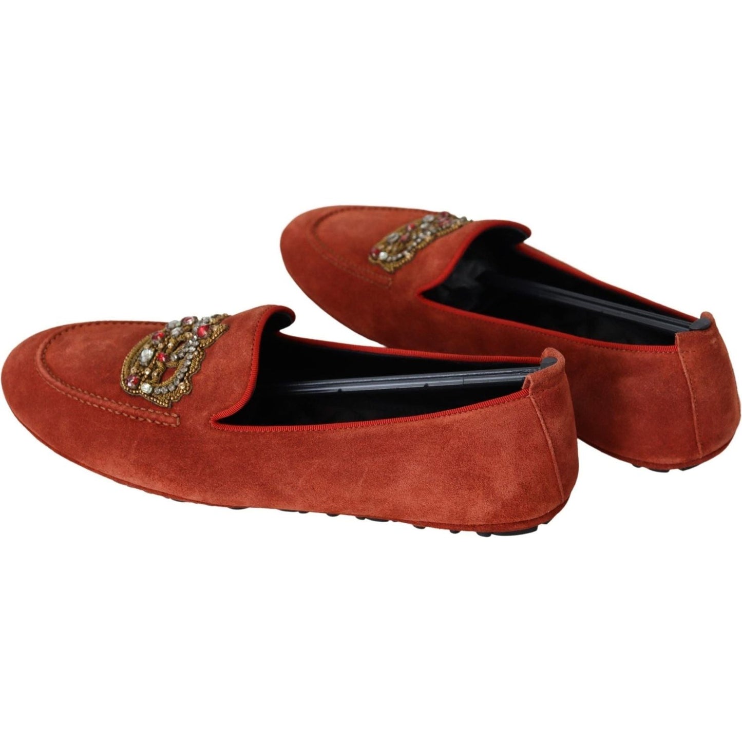 Dolce & Gabbana Opulent Orange Leather Loafers with Gold Embroidery orange-leather-crystal-crown-loafers-shoes