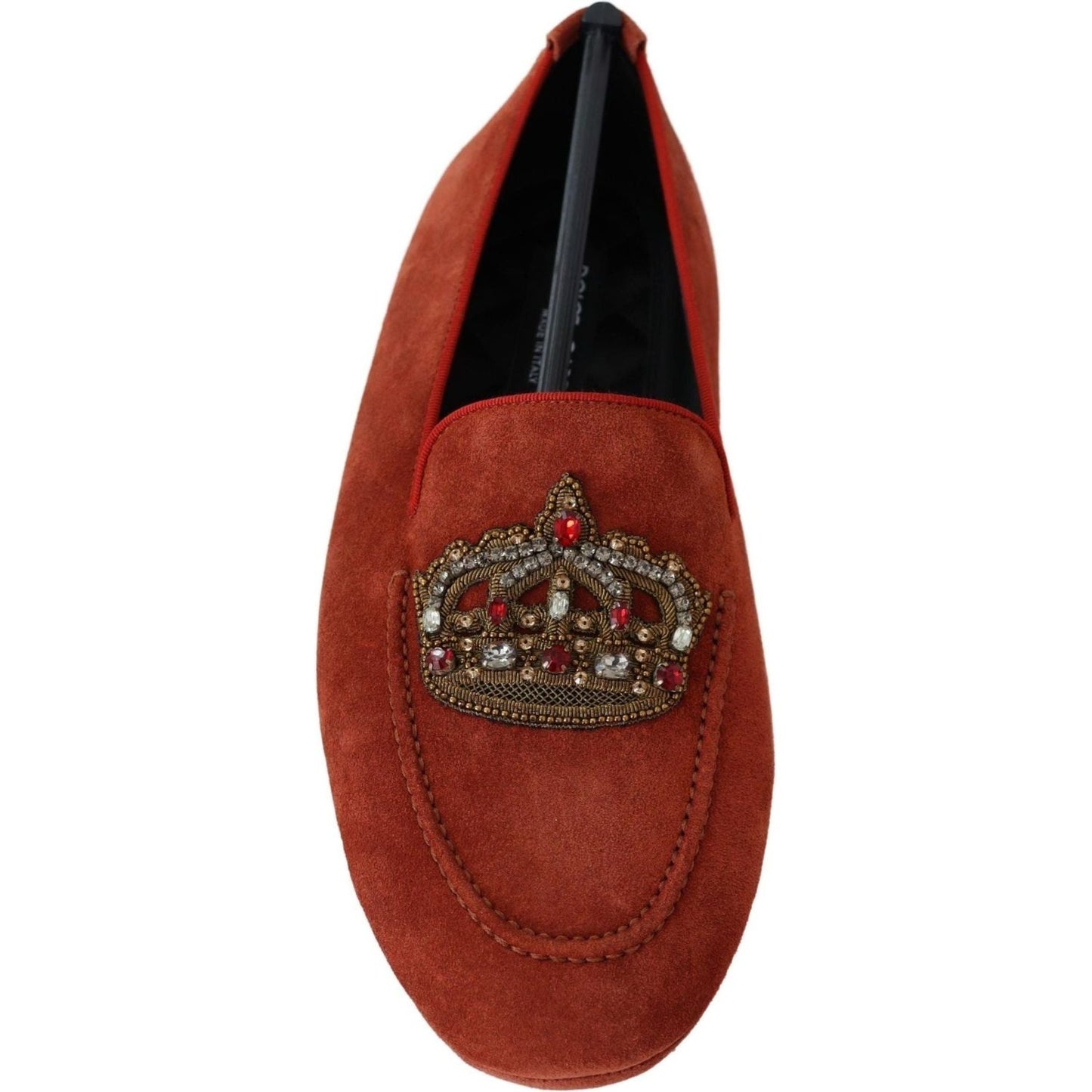 Dolce & Gabbana Opulent Orange Leather Loafers with Gold Embroidery orange-leather-crystal-crown-loafers-shoes