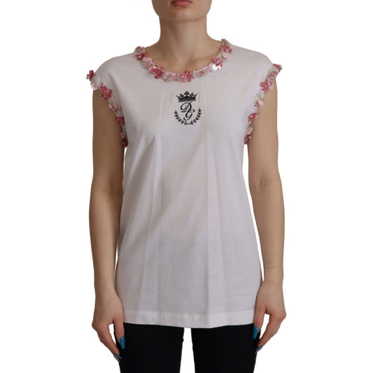 Dolce & Gabbana Chic Sequined Crown Tank Top T-Shirt white-dg-crown-floral-sequin-t-shirt