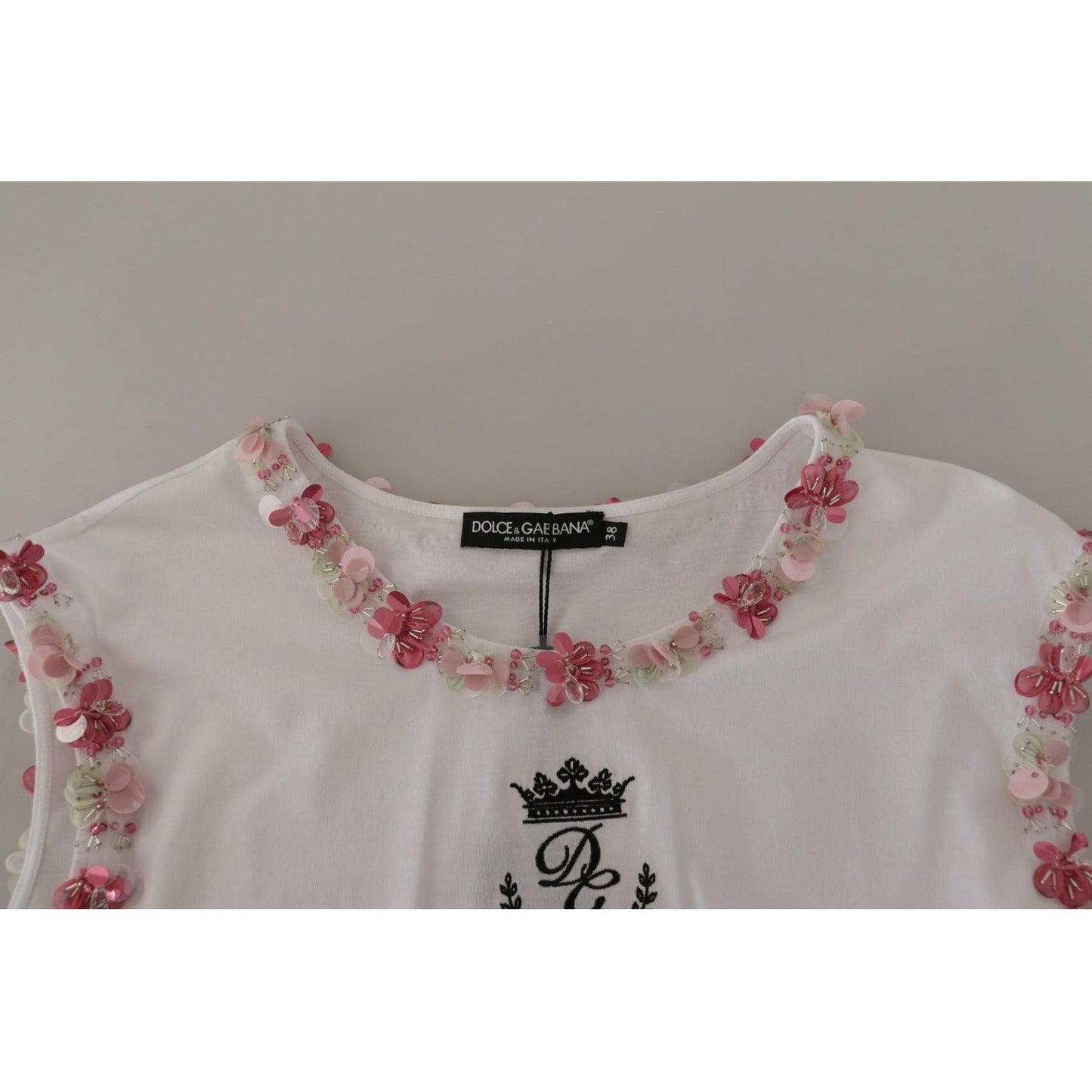 Dolce & Gabbana Chic Sequined Crown Tank Top T-Shirt white-dg-crown-floral-sequin-t-shirt