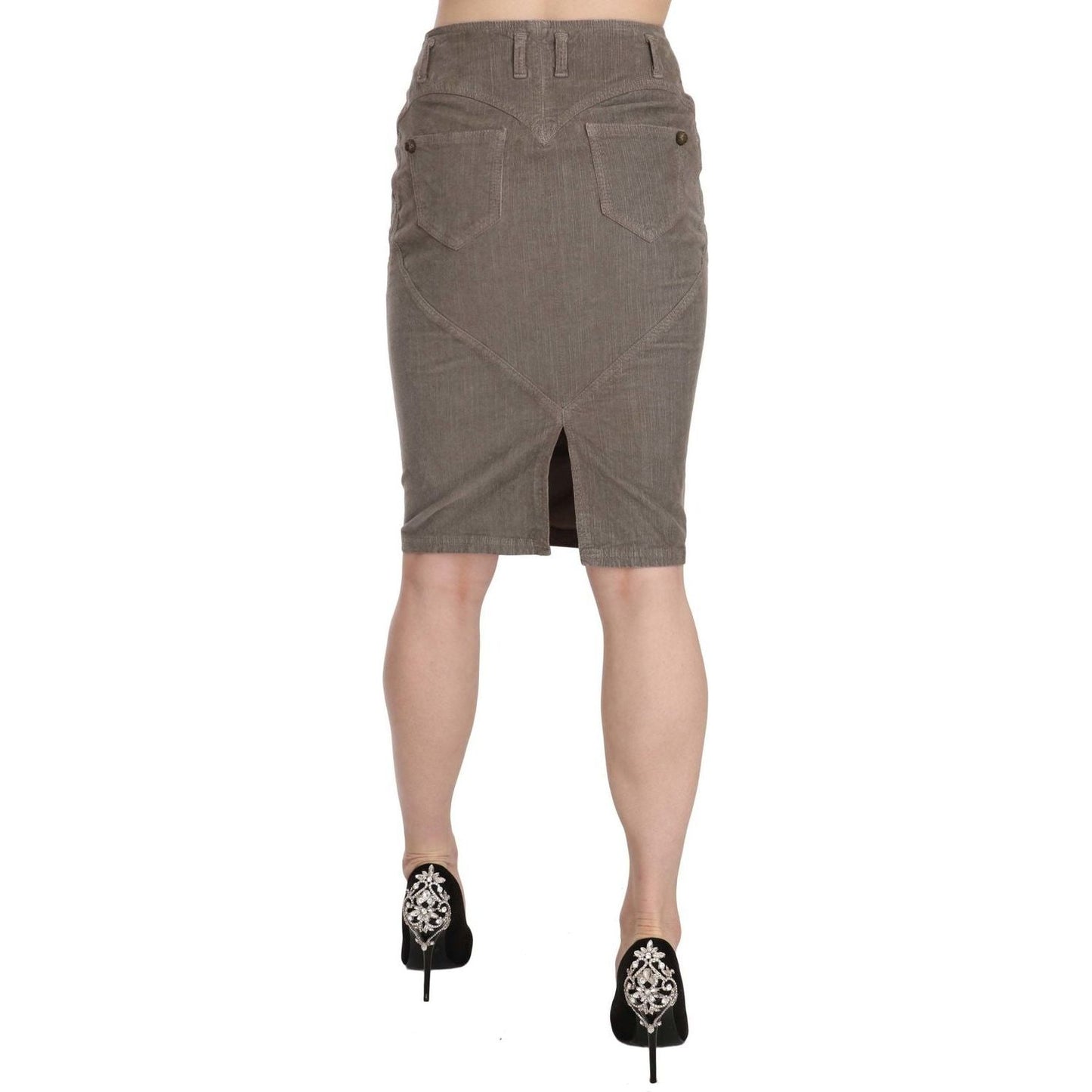 Just Cavalli Chic Gray Pencil Skirt with Logo Details gray-corduroy-pencil-straight-a-line-skirt