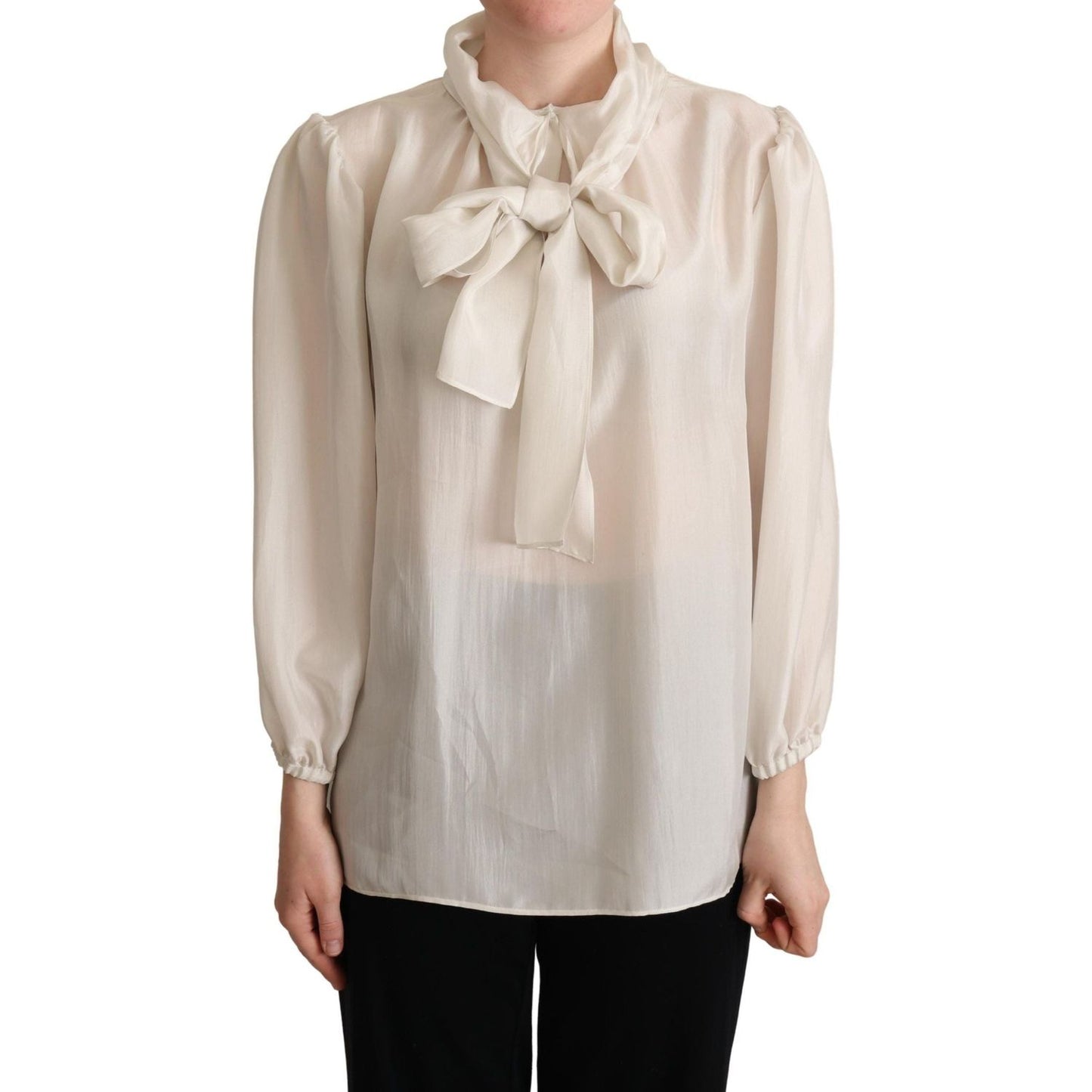 Dolce & Gabbana Elegant Light Gray Silk Ascot Blouse light-gray-ascot-collar-shirt-silk-blouse-top