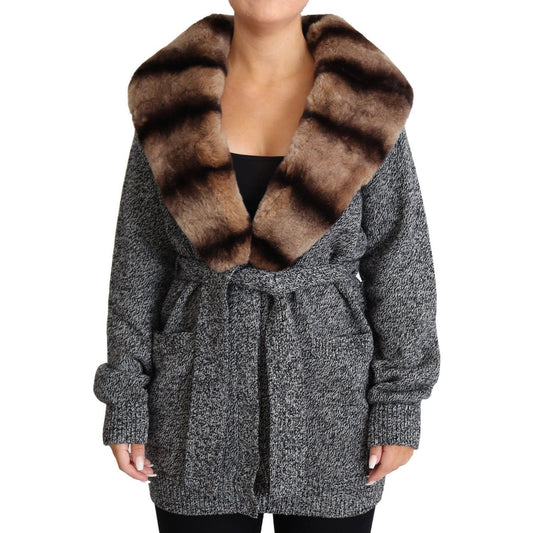 Dolce & Gabbana Elegant Cashmere Cardigan with Rabbit Fur Collar Coats & Jackets gray-cardigan-fur-coat-cashmere-jacket