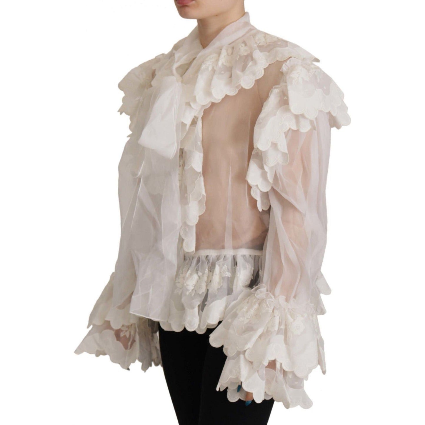 Dolce & Gabbana Elegant White Lace Silk-Cotton Top white-ruffles-lace-long-sleeve-blouse-top