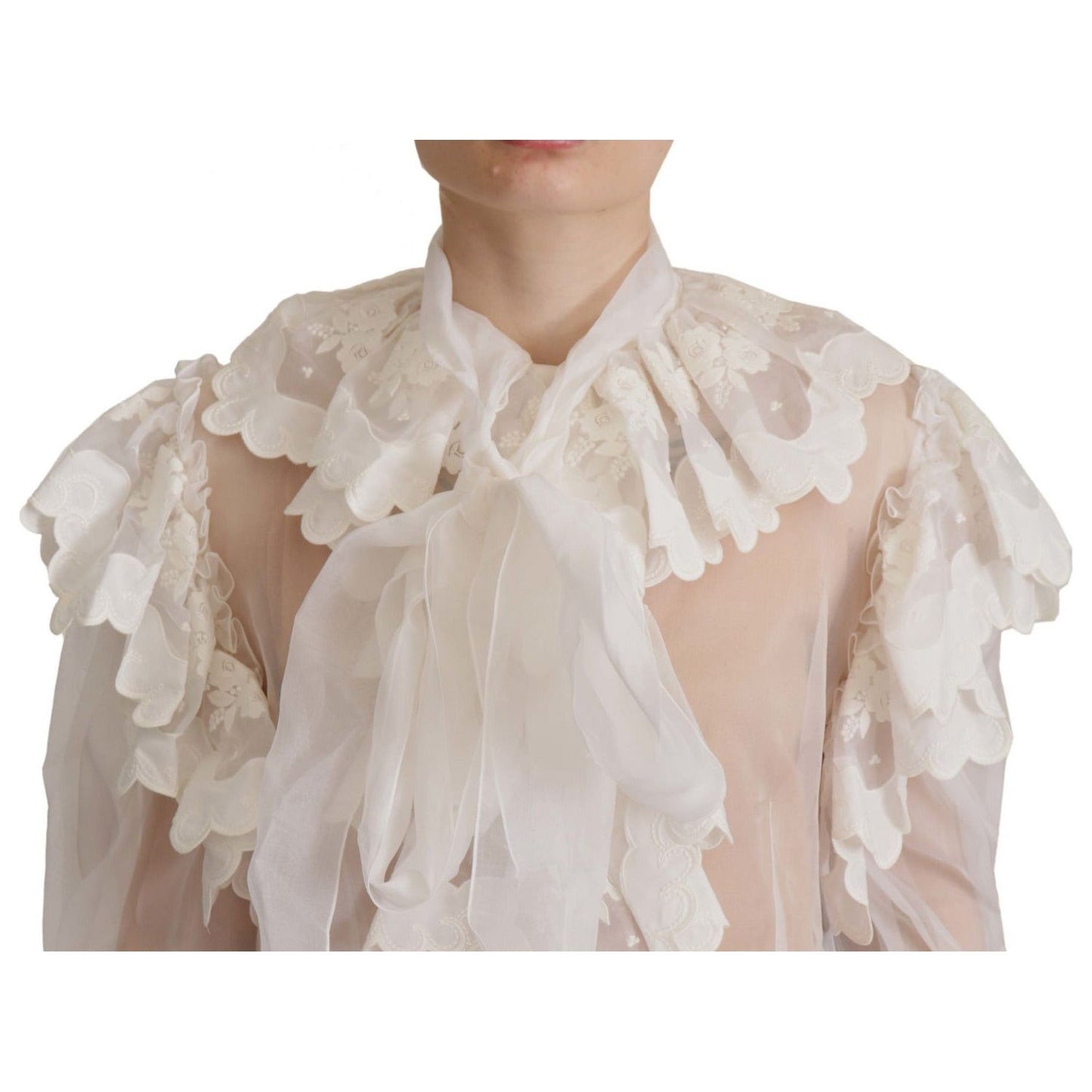 Dolce & Gabbana Elegant White Lace Silk-Cotton Top white-ruffles-lace-long-sleeve-blouse-top
