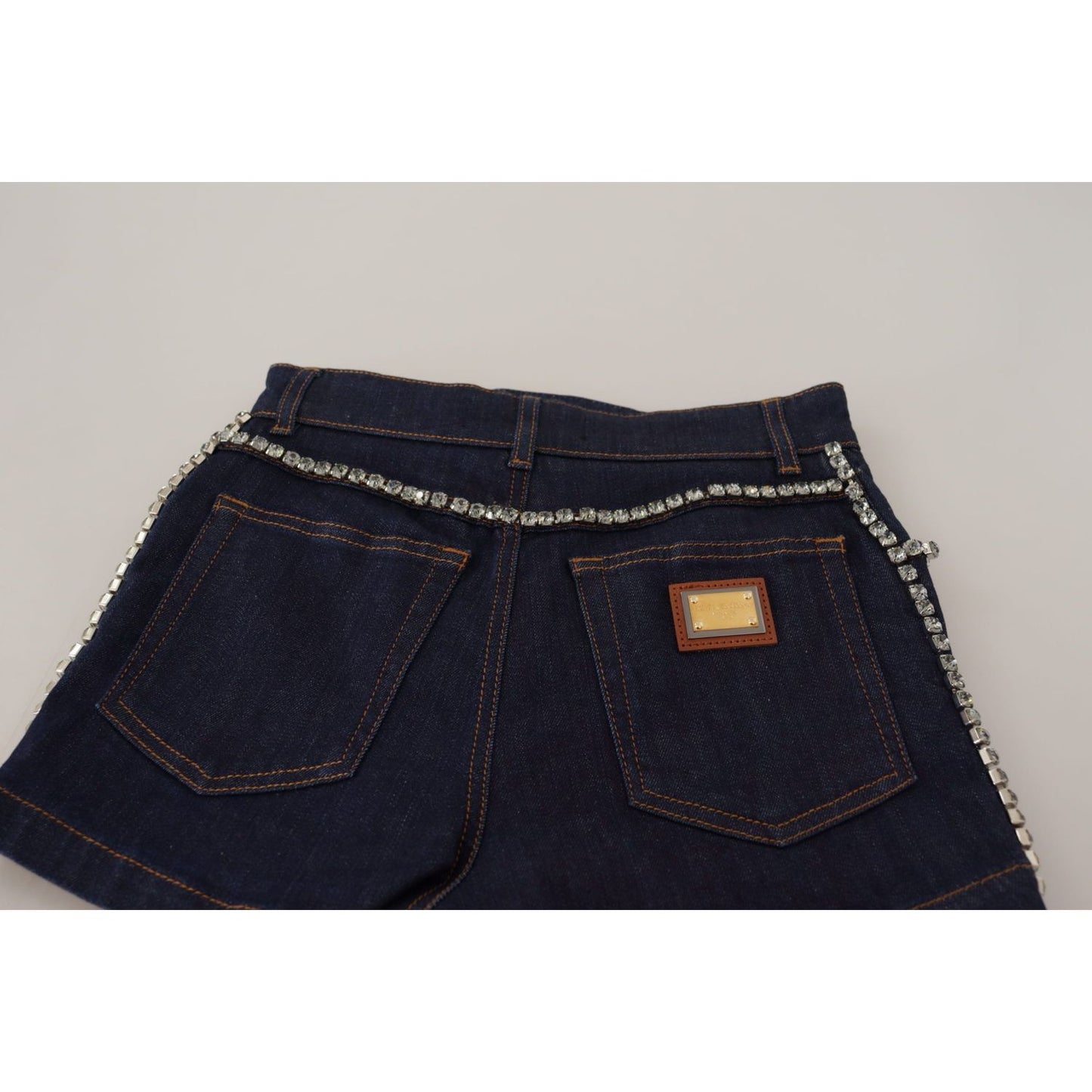 Dolce & Gabbana Chic High Waist Hot Pants Shorts with Crystal Detailing blue-denim-stretch-crystal-hot-pants-shorts
