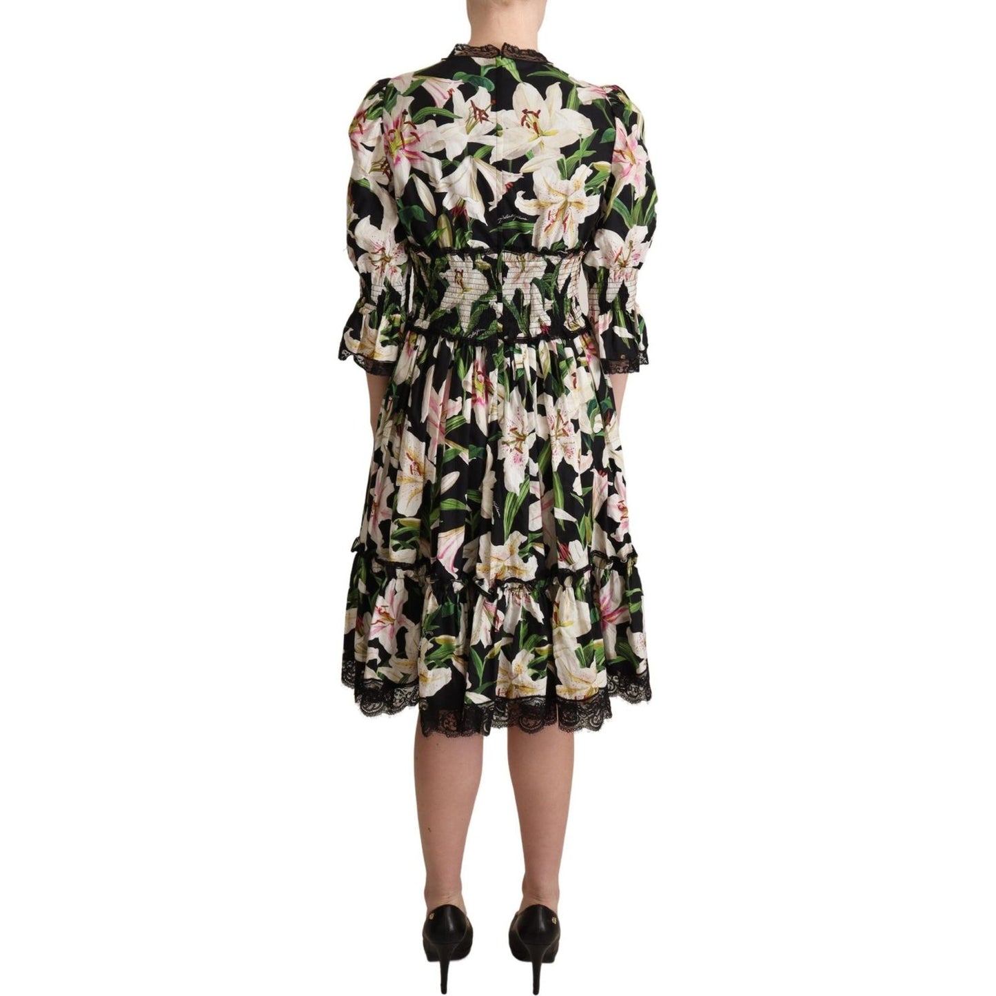 Dolce & Gabbana Elegant Lily Print Midi Dress with Lace Trim WOMAN DRESSES black-cotton-lily-print-lace-trim-dress