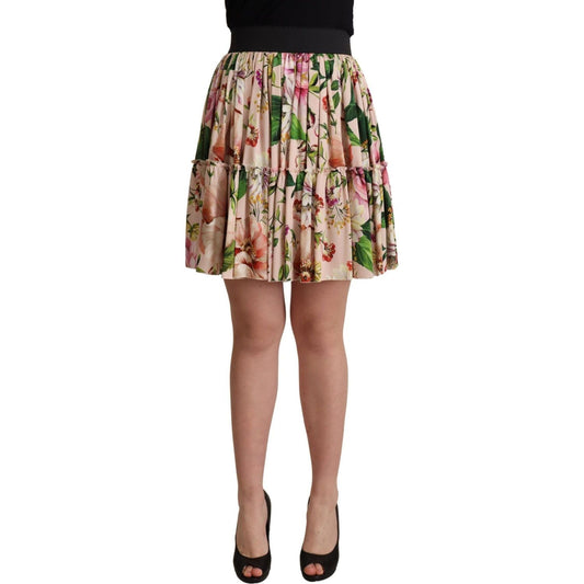 Dolce & Gabbana Elegant Floral Silk High Waist Mini Skirt WOMAN SKIRTS pink-floral-print-silk-high-waist-mini-skirt