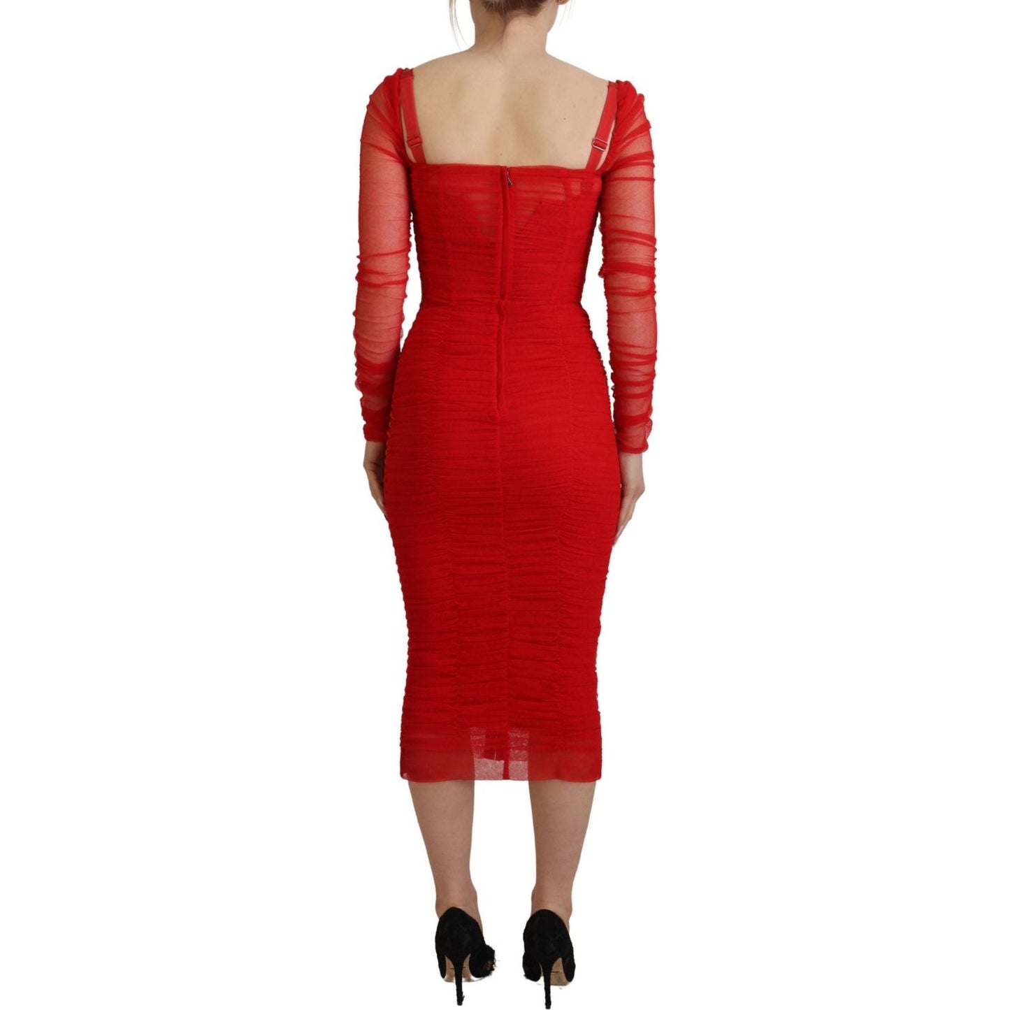 Dolce & Gabbana Elegant Red Bodycon Sheath Dress red-mesh-trim-bodycon-sheath-midi-dress