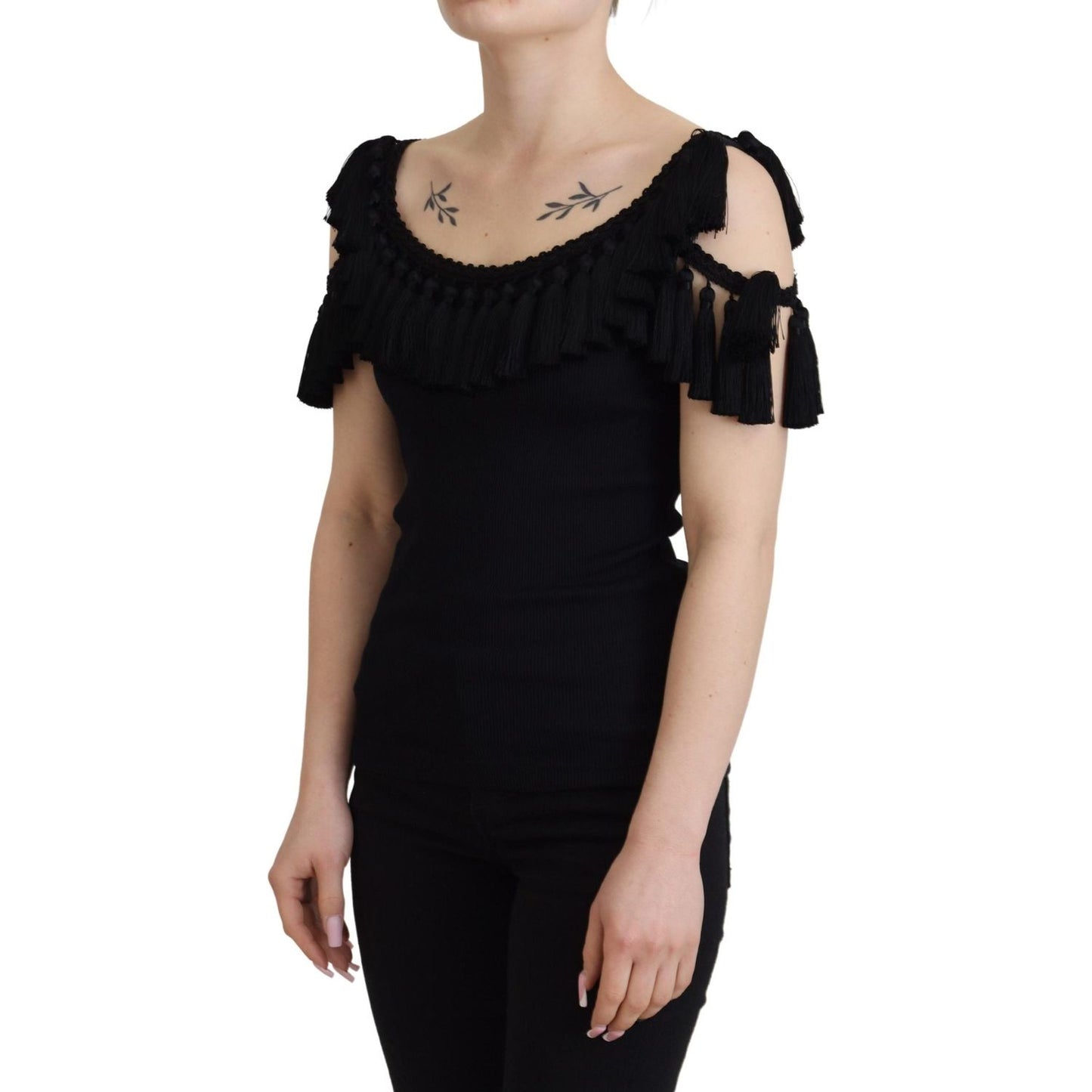 Dolce & Gabbana Elegant Black Cotton Tank Top Blouse black-tank-top-blouse-tassle-cotton-blouse