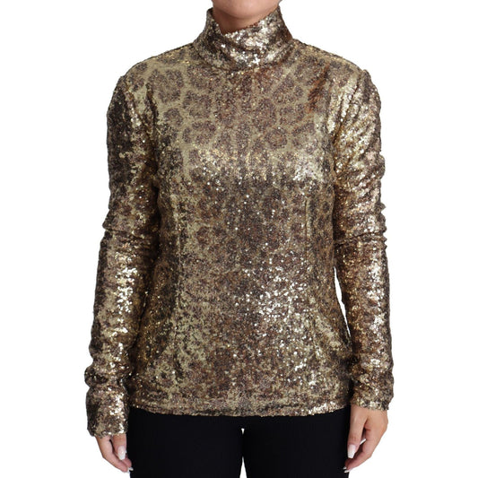 Dolce & Gabbana Sequined Turtleneck Full Zip Sweater in Brown brown-leopard-fit-turtleneck-sequin-sweater