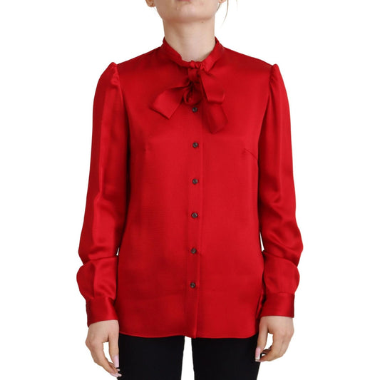Dolce & Gabbana Elegant Red Ascot Collar Blouse red-ascot-collar-long-sleeves-blouse-top