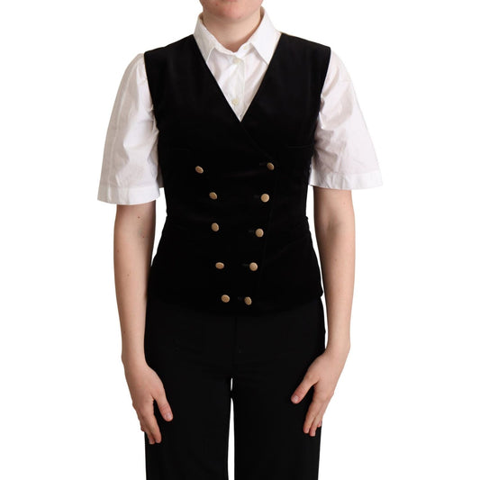 Dolce & Gabbana Elegant Sleeveless Velvet Waistcoat black-beige-velvet-waistcoat-vest