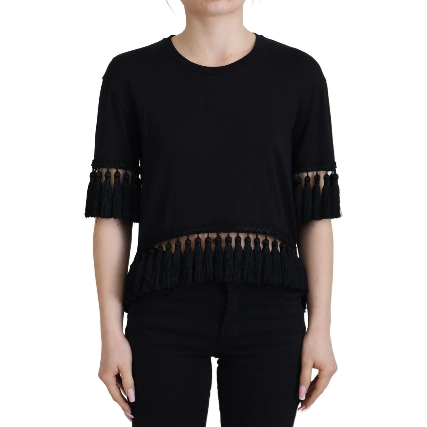 Dolce & Gabbana Elegant Black Cotton Short Sleeve Tee black-t-shirt-blouse-tassle-cotton-blouse