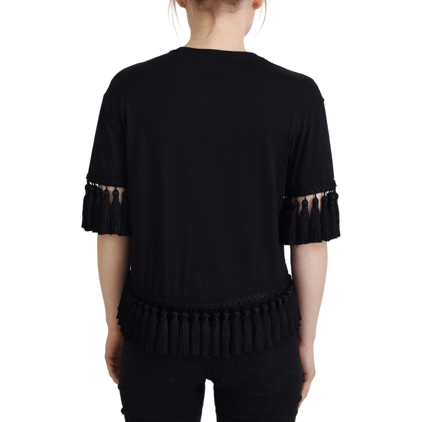 Dolce & Gabbana Elegant Black Cotton Short Sleeve Tee black-t-shirt-blouse-tassle-cotton-blouse