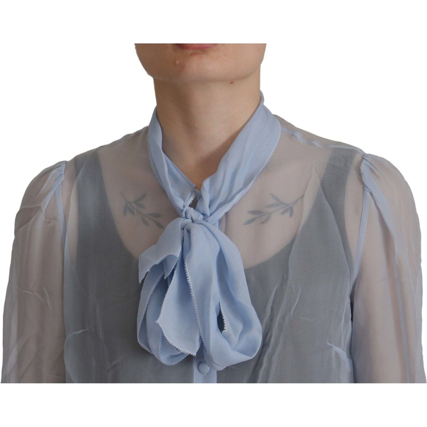 Dolce & Gabbana Elegant Silk Ascot Collar Blouse in Light Blue light-blue-silk-ascot-collar-long-sleeves-top