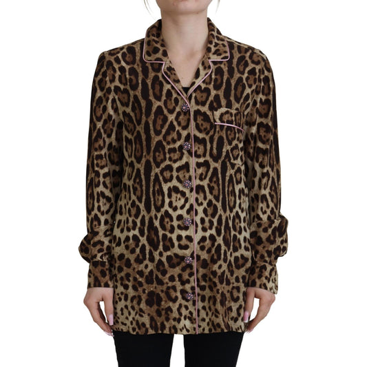 Dolce & Gabbana Elegant Silk Leopard Print Collared Top brown-leopard-print-long-sleeves-blouse-top