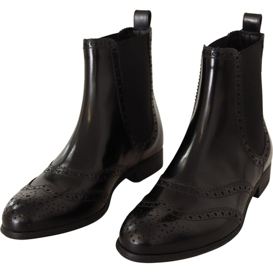 Dolce & Gabbana Elegant Black Ankle Wingtip Oxford Boots black-leather-ankle-high-flat-boots-shoes