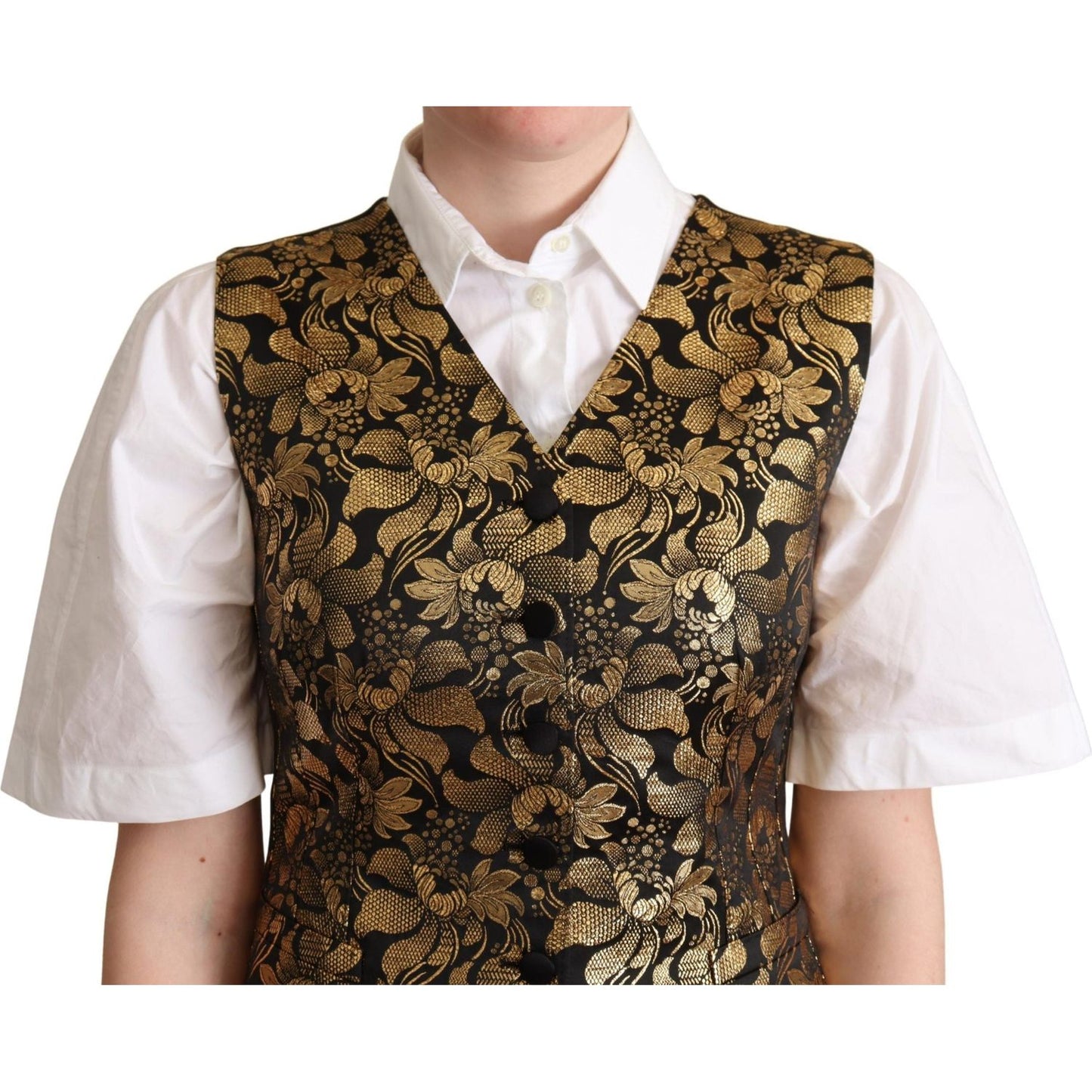 Dolce & Gabbana Elegant Black Jacquard Waistcoat black-gold-jacquard-silk-waistcoat-vest