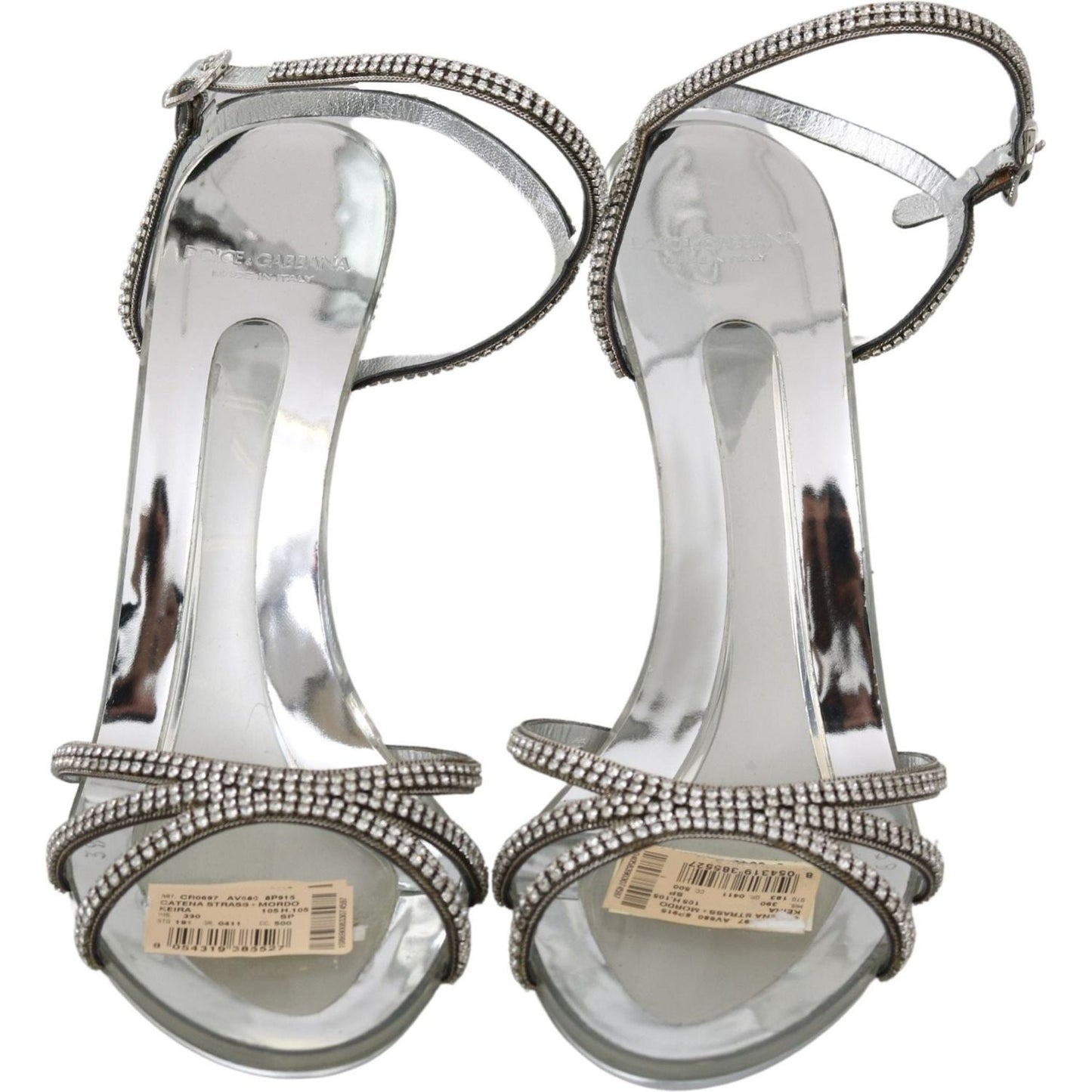 Dolce & Gabbana Silver Leather Ankle Strap Sandals with Crystals silver-crystal-ankle-strap-sandals-shoes