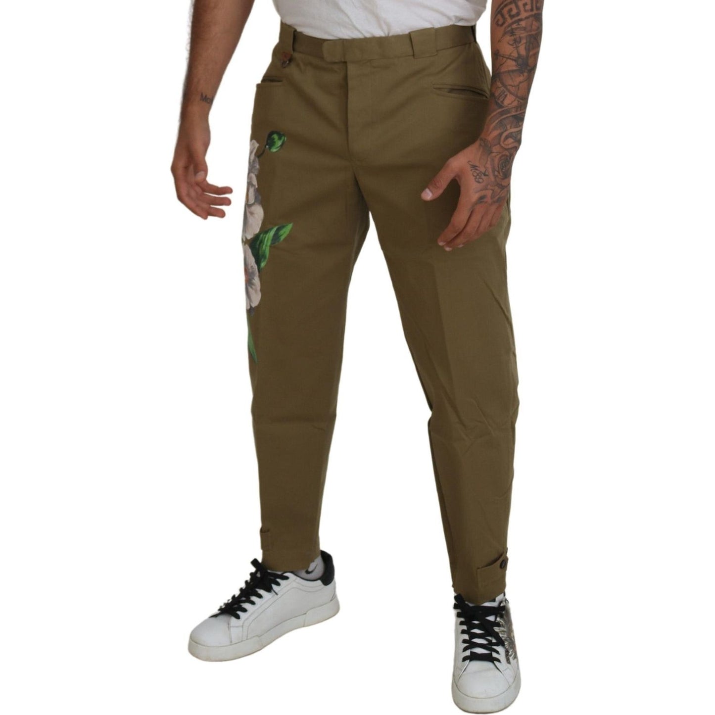 Dolce & Gabbana Exquisite Floral Beige Chino Pants beige-cotton-stretch-floral-chinos-pants