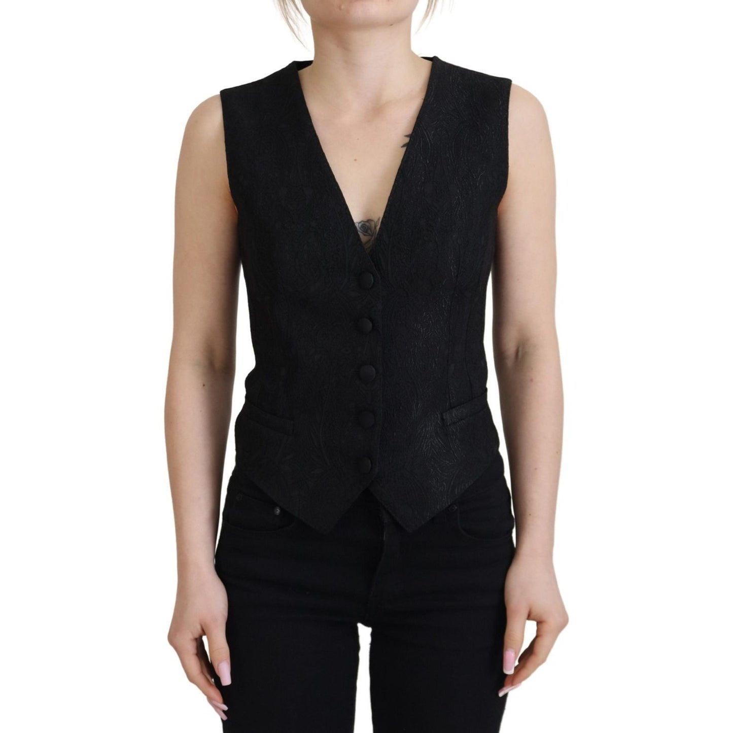 Dolce & Gabbana Elegant Black Silk Blend Waistcoat Vest black-brocade-button-down-sleeveless-vest-top