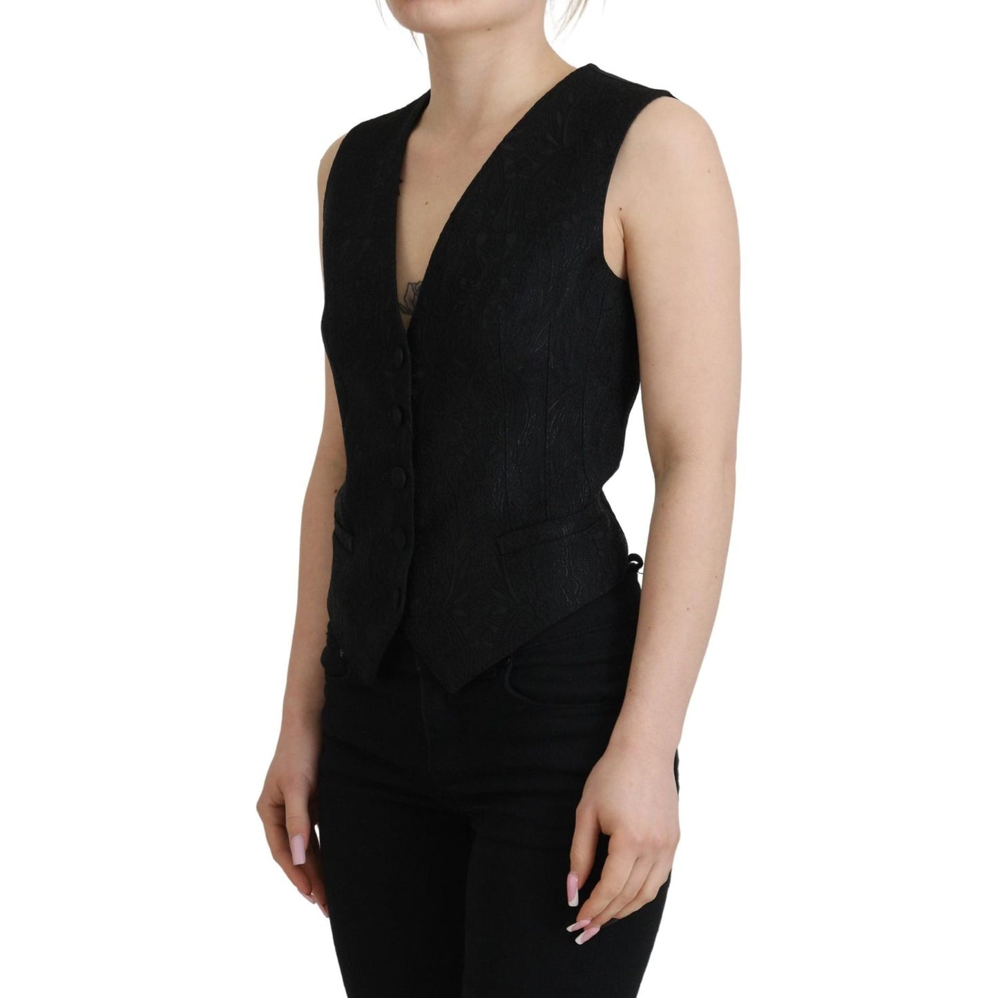 Dolce & Gabbana Elegant Black Silk Blend Waistcoat Vest black-brocade-button-down-sleeveless-vest-top