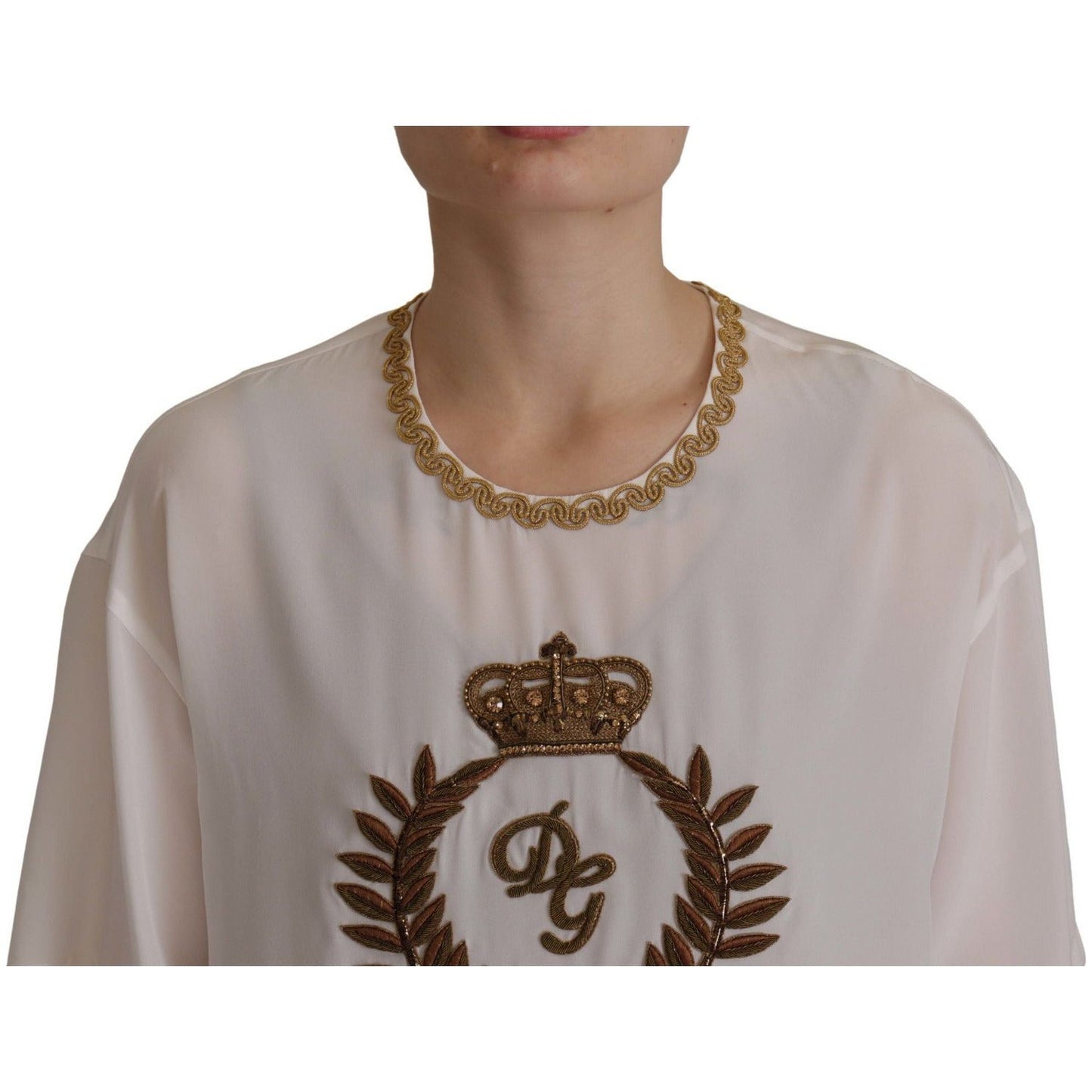Dolce & Gabbana Elegant Silk Blouse with Gold Crown Embroidery white-silk-gold-dg-crown-crystal-blouse-top