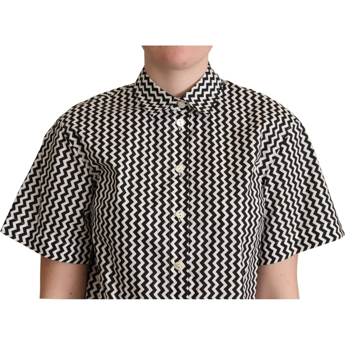 Dolce & Gabbana Zigzag Elegance Cotton Polo Top Blouse Top black-white-zigzag-collar-cotton-top-shirt