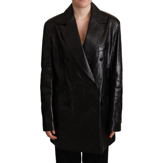Dolce & Gabbana Elegant Black Leather Double-Breasted Jacket WOMAN COATS & JACKETS black-double-breasted-coat-leather-jacket IMG_6192-scaled-29073ec7-8b1.jpg