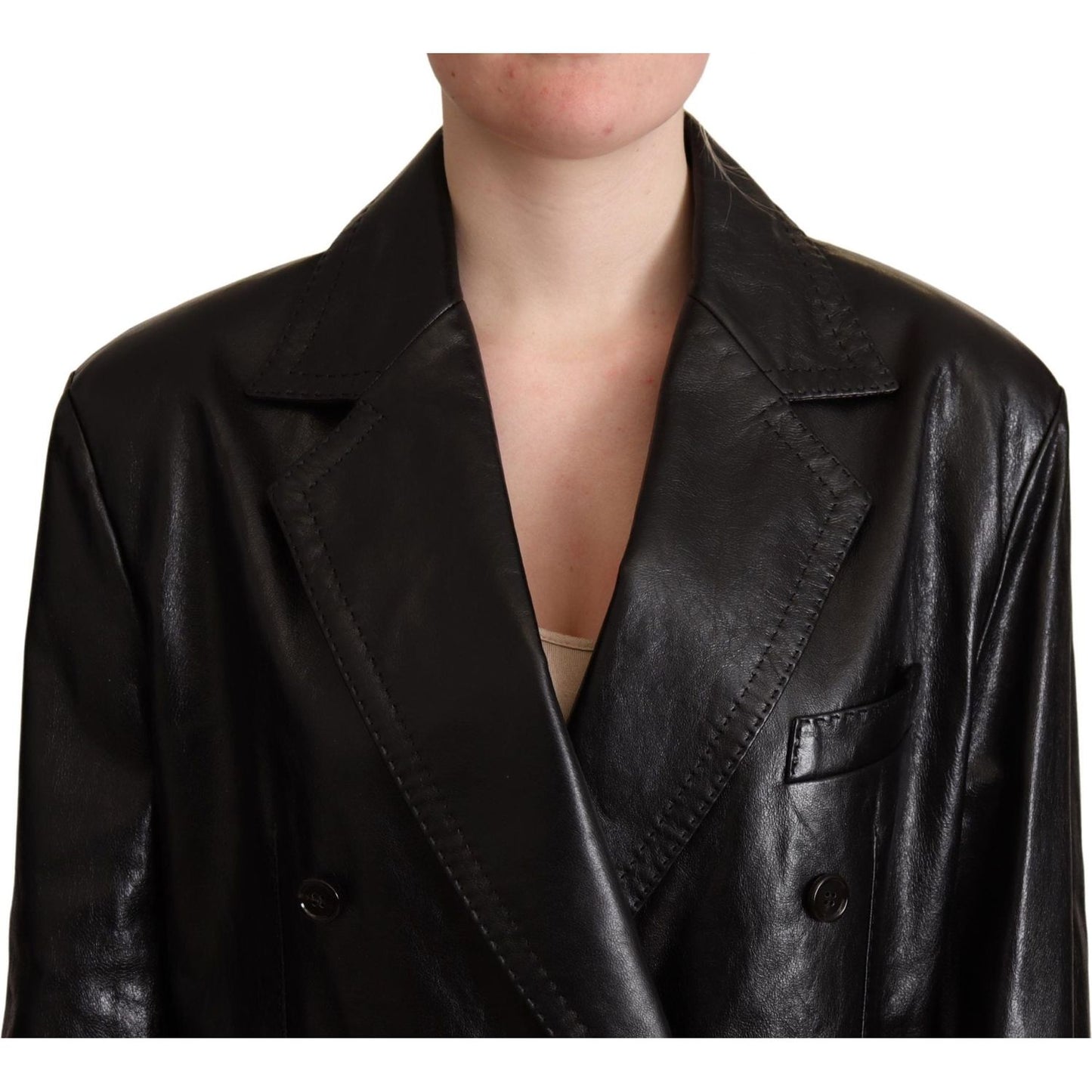 Dolce & Gabbana Elegant Black Leather Double-Breasted Jacket WOMAN COATS & JACKETS black-double-breasted-coat-leather-jacket