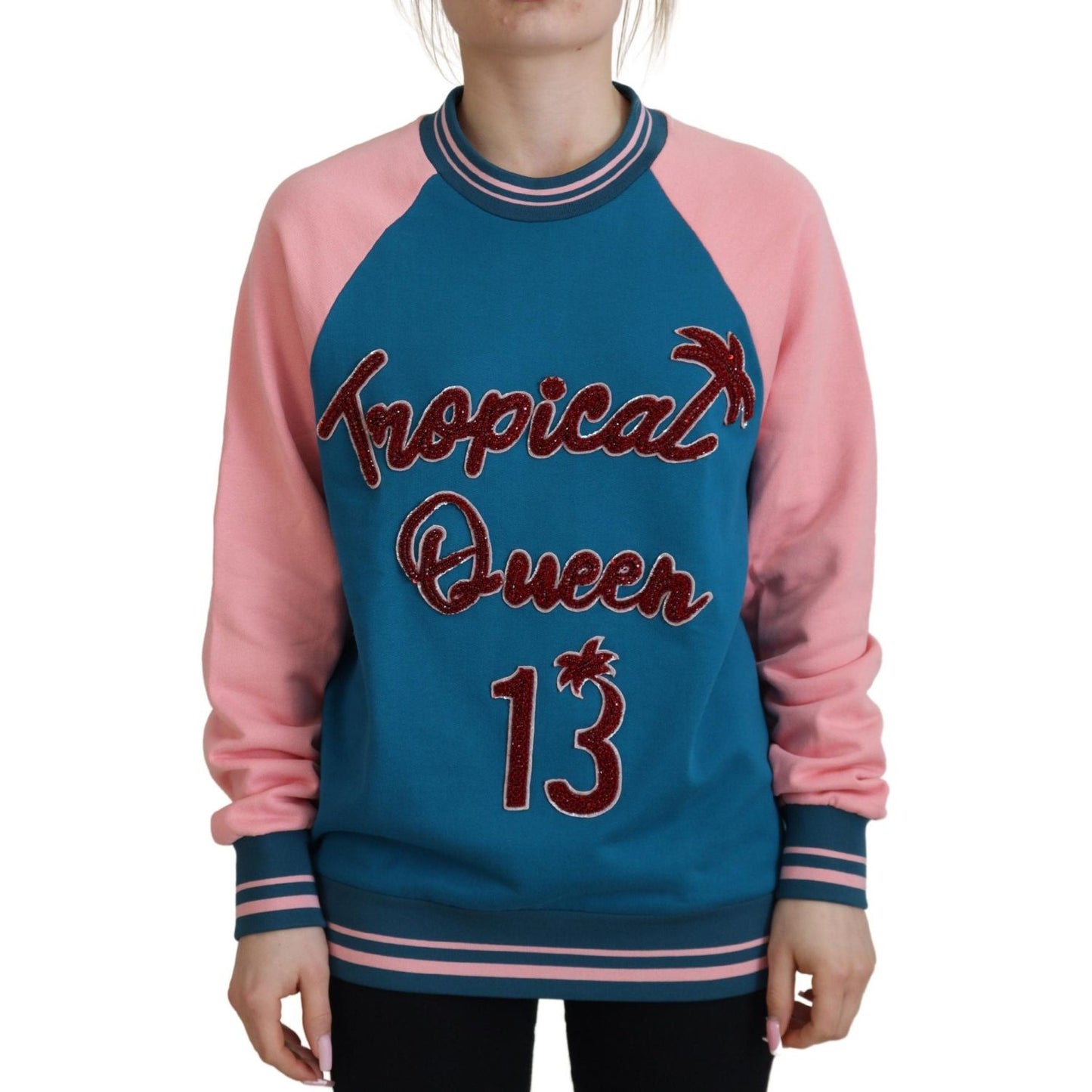 Dolce & Gabbana Sequined Tropical Queen Cotton Sweater blue-pink-queen-sequin-crystal-sweater