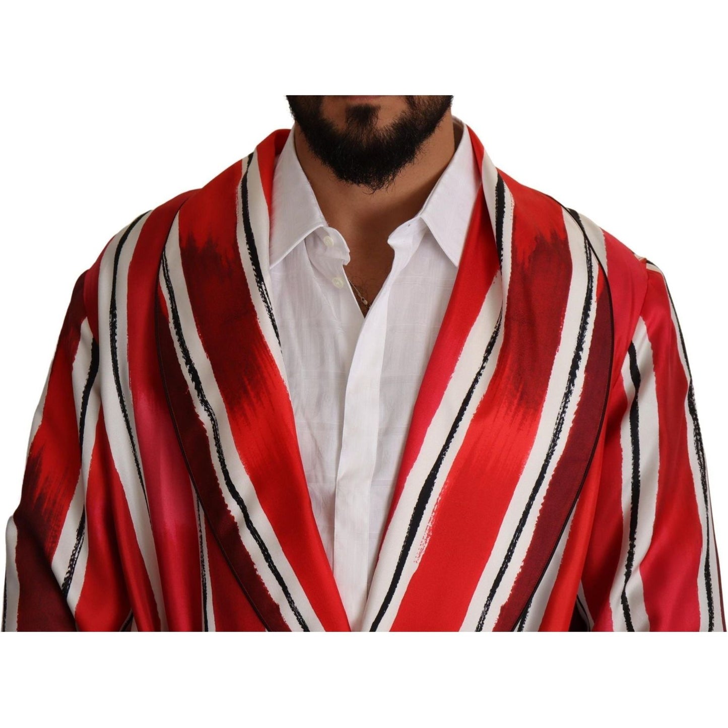 Dolce & Gabbana Chic Striped Silk Sleepwear Robe red-white-striped-silk-mens-night-gown-robe
